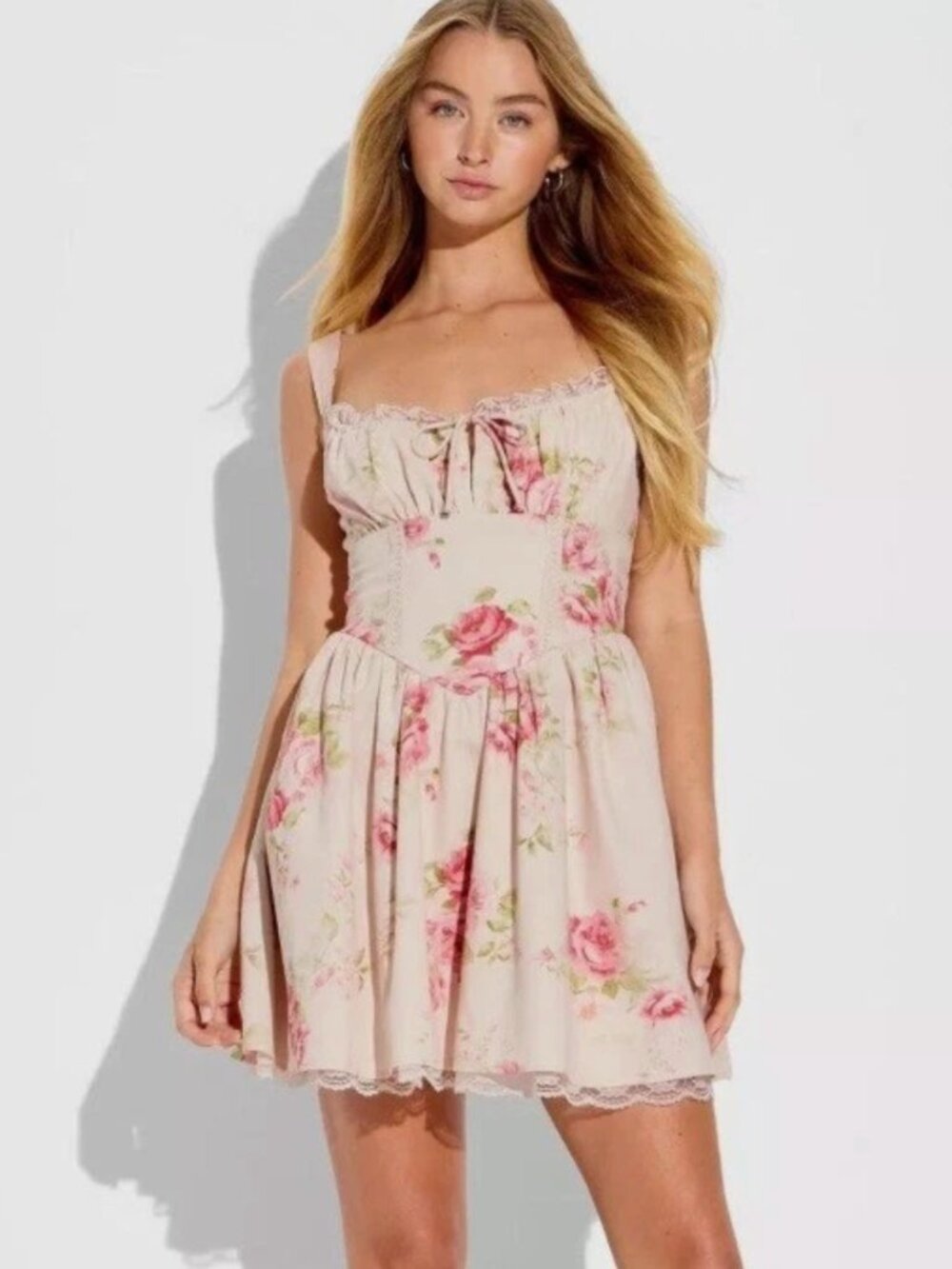 Wild Fable Women's XL Floral Mini Corset Dress Cream Pink Lace Smocked Bodice